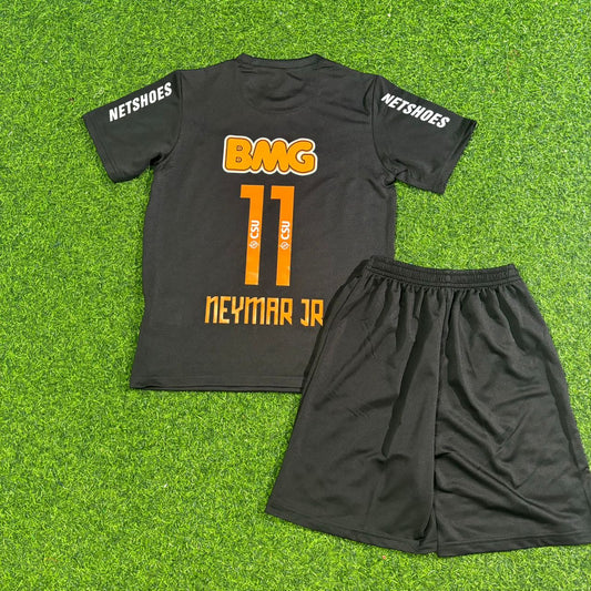 Neymar Jr #11 Santos Schwarz Spezial Goldene Schrift Kinder Retro Fußballtrikot-Set