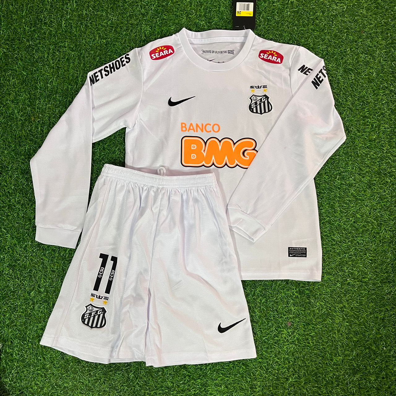 Neymar Jr Santos FC 2013 White Long Sleeve Kids Retro Football Jersey Set Soccer Shirt