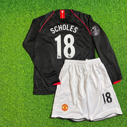 Paul Scholes Manchester United 2007/2008 CL Patch Black KIDS Retro Football Jersey Kit