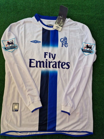 Didier Drogba 15 Chelsea Auswärts 2004 Retro Weiß Langarm Trikot Kit Maillot Fußballtrikot