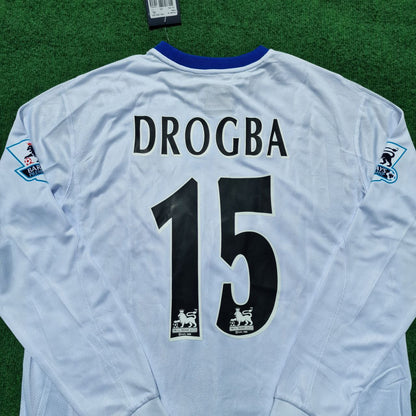 Didier Drogba 15 Chelsea Auswärts 2004 Retro Weiß Langarm Trikot Kit Maillot Fußballtrikot