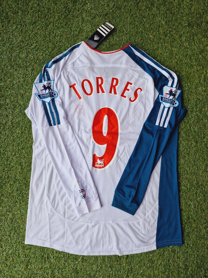 Fernando Torres Liverpool 2007 Weiß Blau Langarm Retro Trikot Maglia Premier League Patch Fußball Shirt
