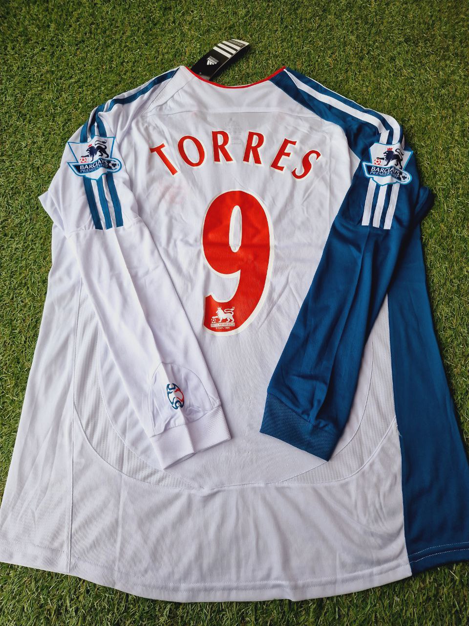 Fernando Torres Liverpool 2007 Weiß Blau Langarm Retro Trikot Maglia Premier League Patch Fußball Shirt