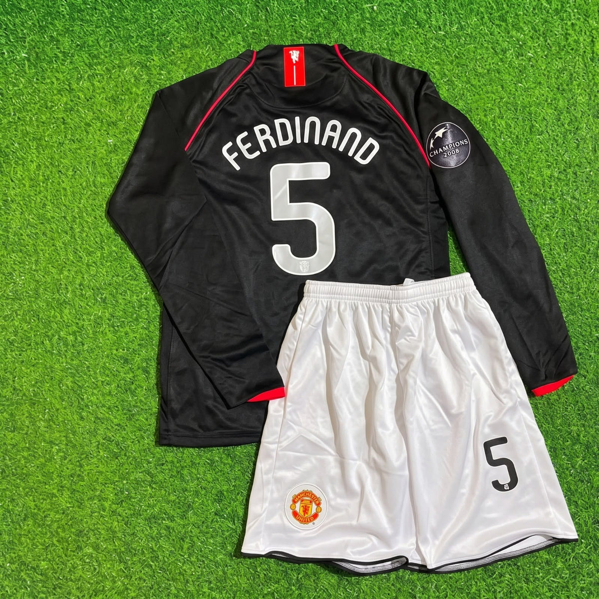 Rio Ferdinand Manchester United 2007/2008 CL Patch Black KIDS Retro Football Jersey Kit