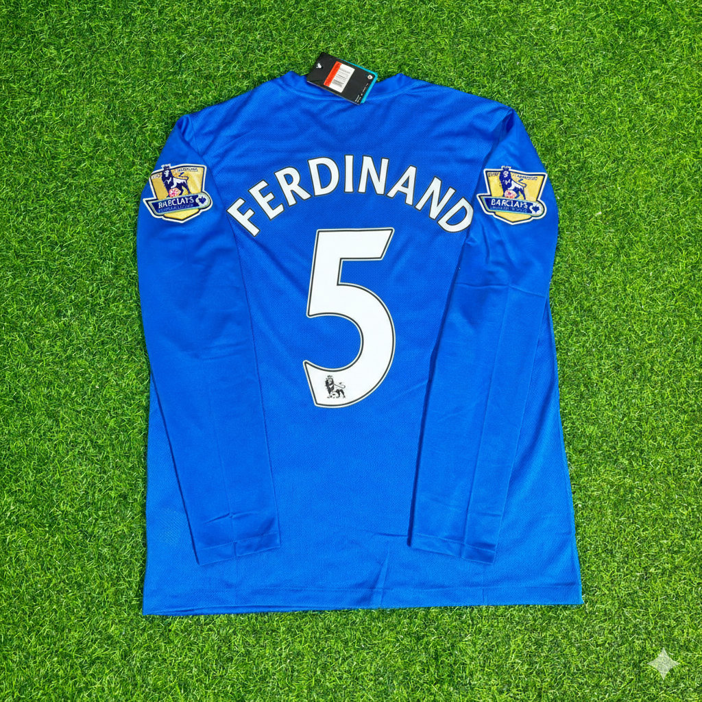 Maillot de football rétro à manches longues Rio Ferdinand Manchester United 2008 bleu avec écusson EPL