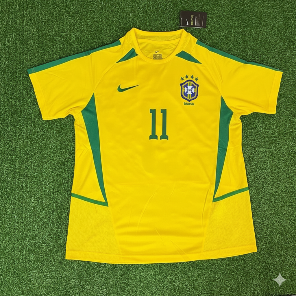 Camiseta de fútbol retro amarilla de Brasil de Ze Roberto para el Mundial de 2002