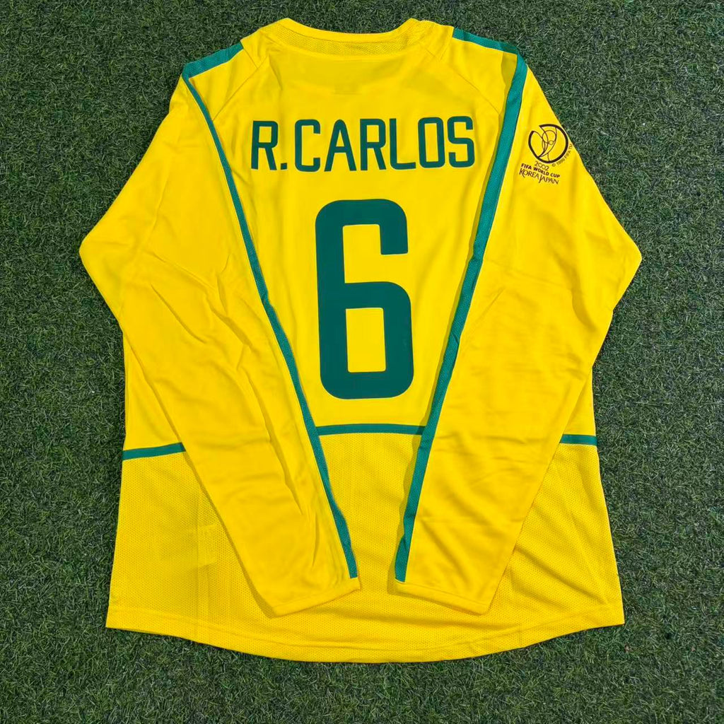 Maillot de Football Rétro Roberto Carlos Brésil Coupe du Monde 2002 Manches Longues Jaune