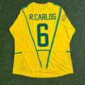 Maillot de Football Rétro Roberto Carlos Brésil Coupe du Monde 2002 Manches Longues Jaune