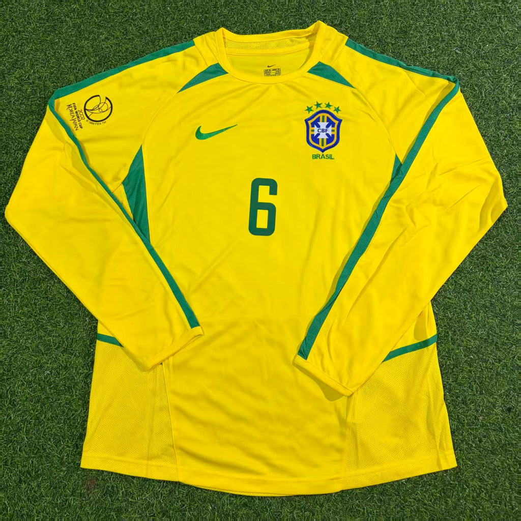 Maillot de Football Rétro Roberto Carlos Brésil Coupe du Monde 2002 Manches Longues Jaune
