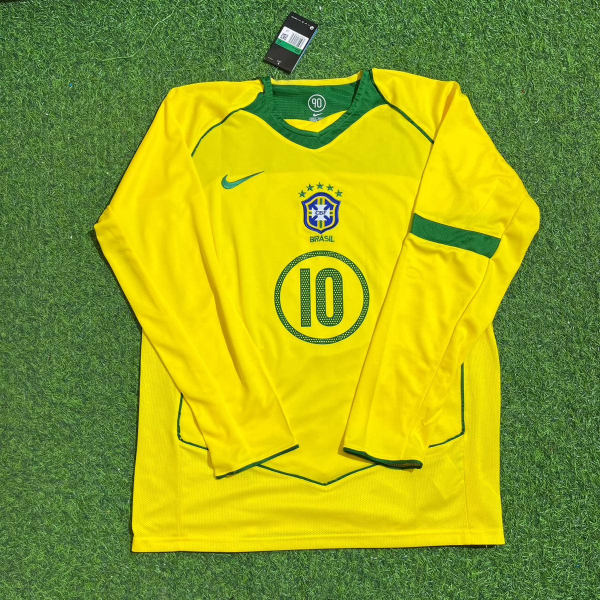 Camiseta de fútbol retro de Ronaldinho Brasil 2004–2006, local amarilla de manga larga, conjunto completo
