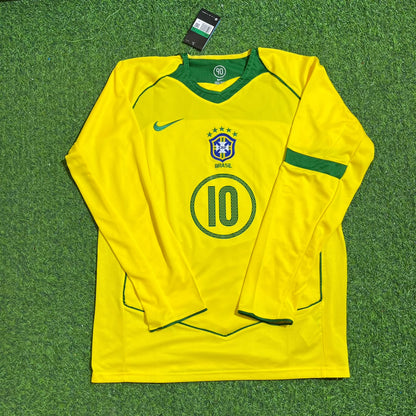 Camiseta de fútbol retro de Ronaldinho Brasil 2004–2006, local amarilla de manga larga, conjunto completo