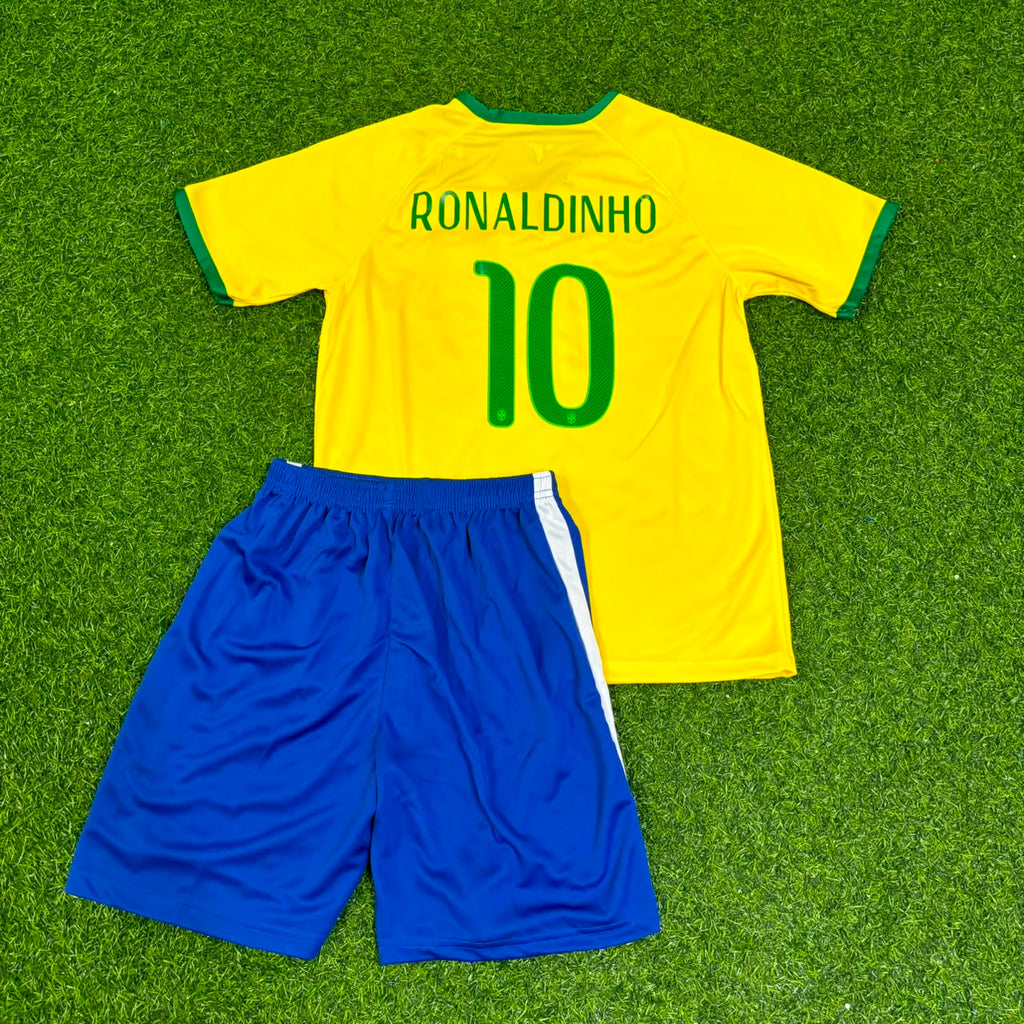 Ronaldinho Brazil Home Yellow Retro Kids Football Jersey Kit