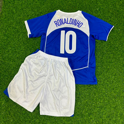 Ronaldinho #10 Brasil 2004 Azul Visitante Equipación Infantil Camiseta de Fútbol Retro