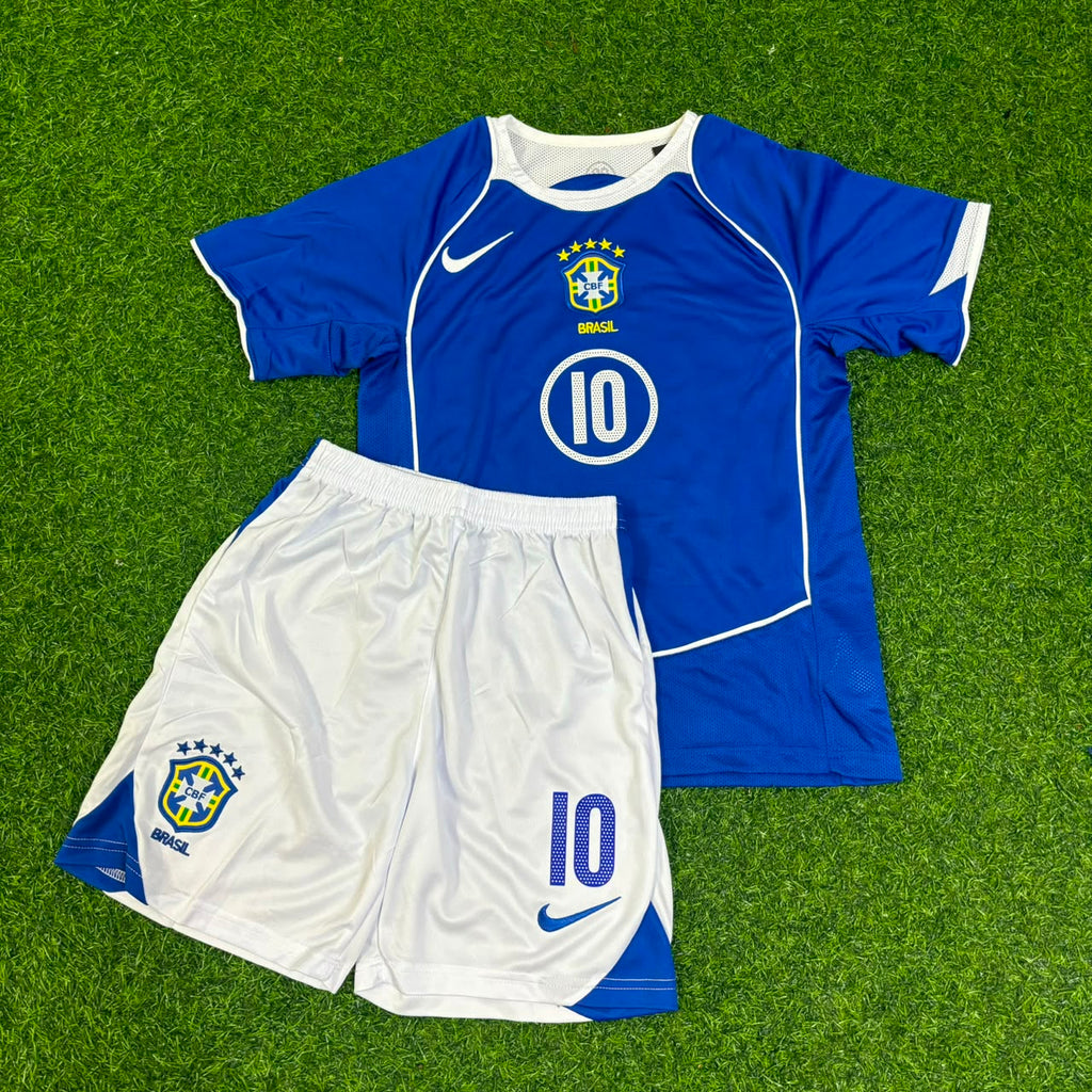 Ronaldinho #10 Brazil 2004 Blue Away Kids Kit Retro Football Jersey Kit
