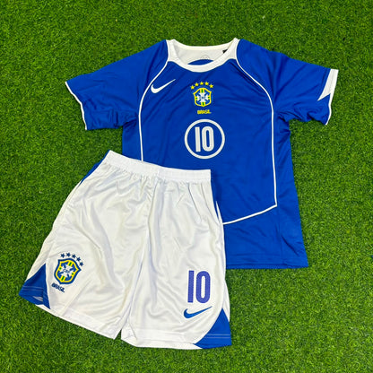 Ronaldinho #10 Brasil 2004 Azul Visitante Equipación Infantil Camiseta de Fútbol Retro
