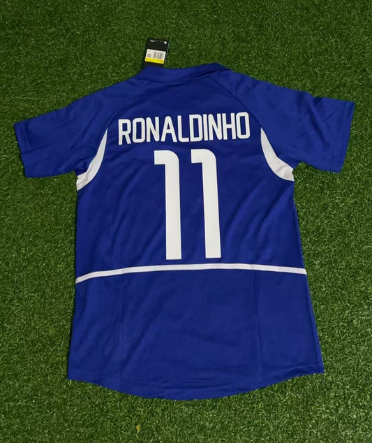 Ronaldinho Gaucho Brazil 2002 World Cup Blue Retro Football Jersey Kit