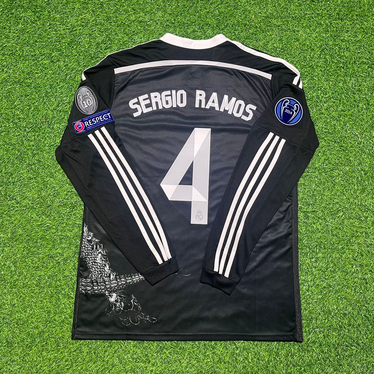 Sergio Ramos 4- Real Madrid 2015 Dragon Black Retro Long Sleeve Jersey Soccer Shirt Trikot