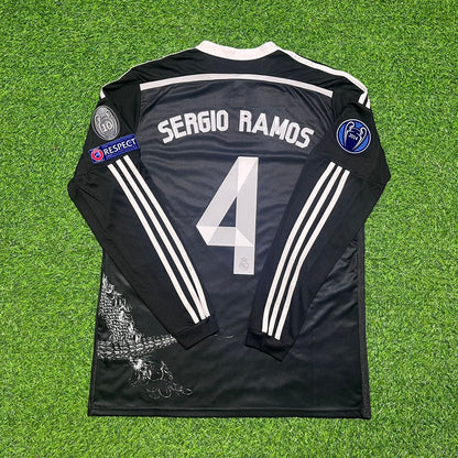 Sergio Ramos 4- Real Madrid 2015 Dragon Black Retro Long Sleeve Jersey Soccer Shirt Trikot