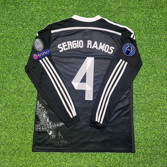 Sergio Ramos 4- Real Madrid 2015 Drachen Schwarz Retro Langarm Trikot Fußballtrikot