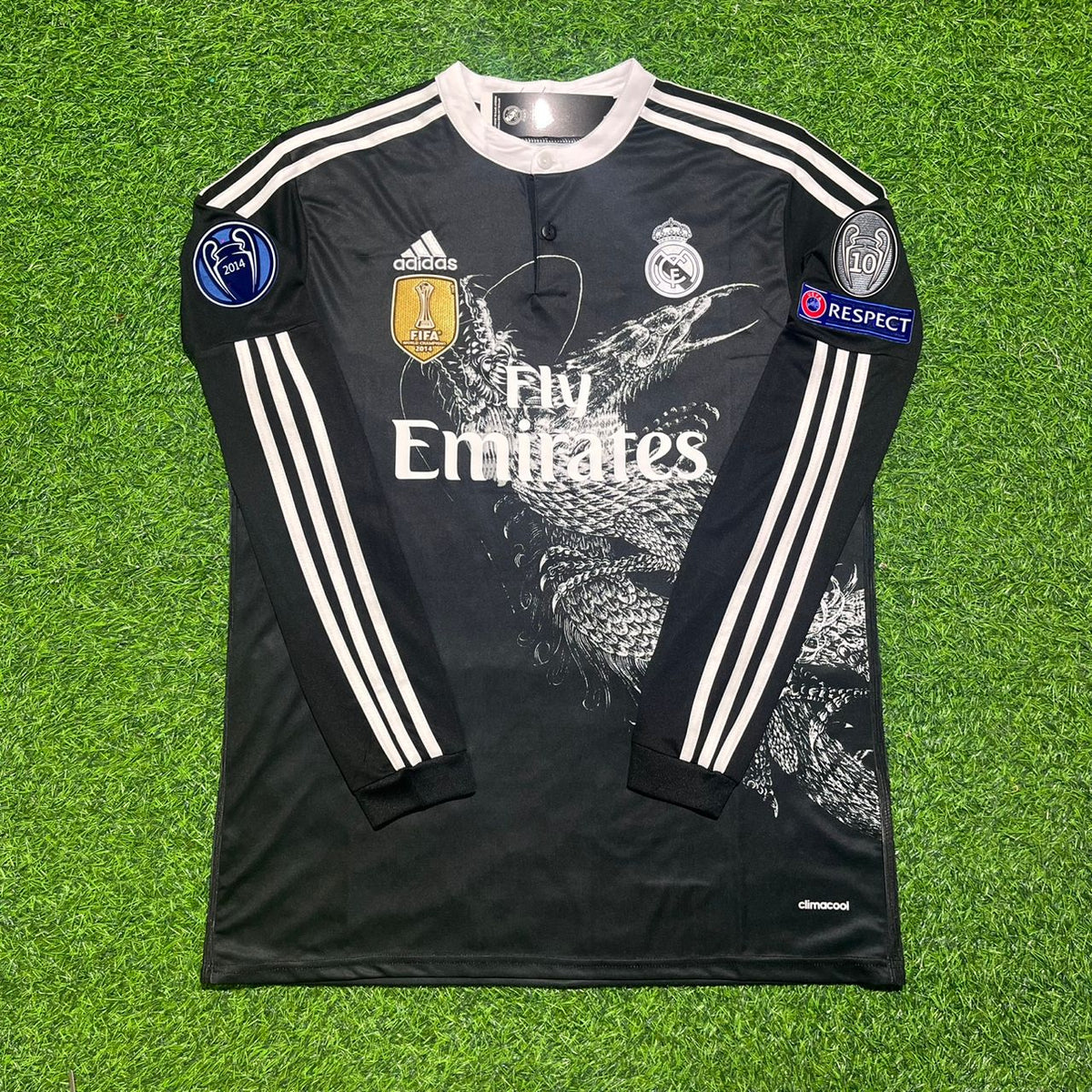 Sergio Ramos 4- Real Madrid 2015 Dragon Black Retro Long Sleeve Jersey Soccer Shirt Trikot