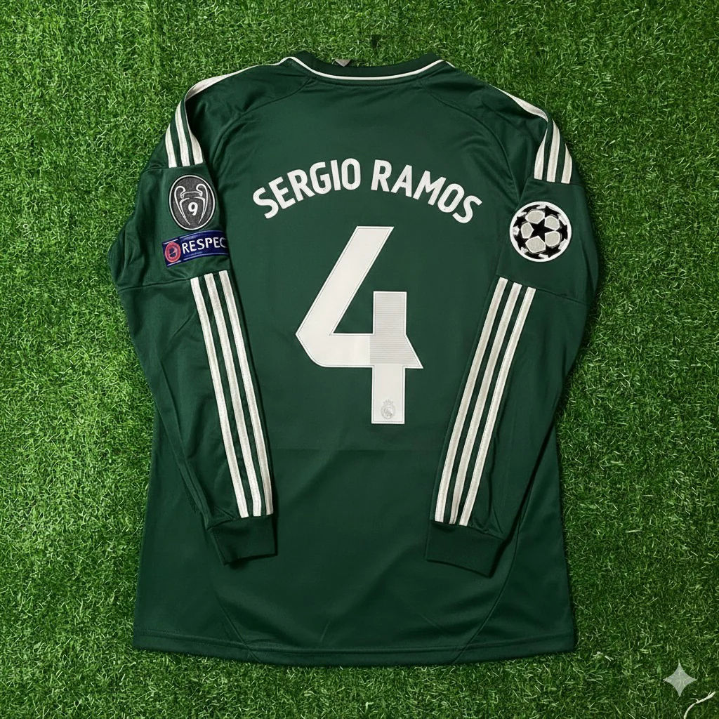 Sergio Ramos 4- Real Madrid 2012-2013 Champions League Green Long Sleeve Jersey Soccer Shirt