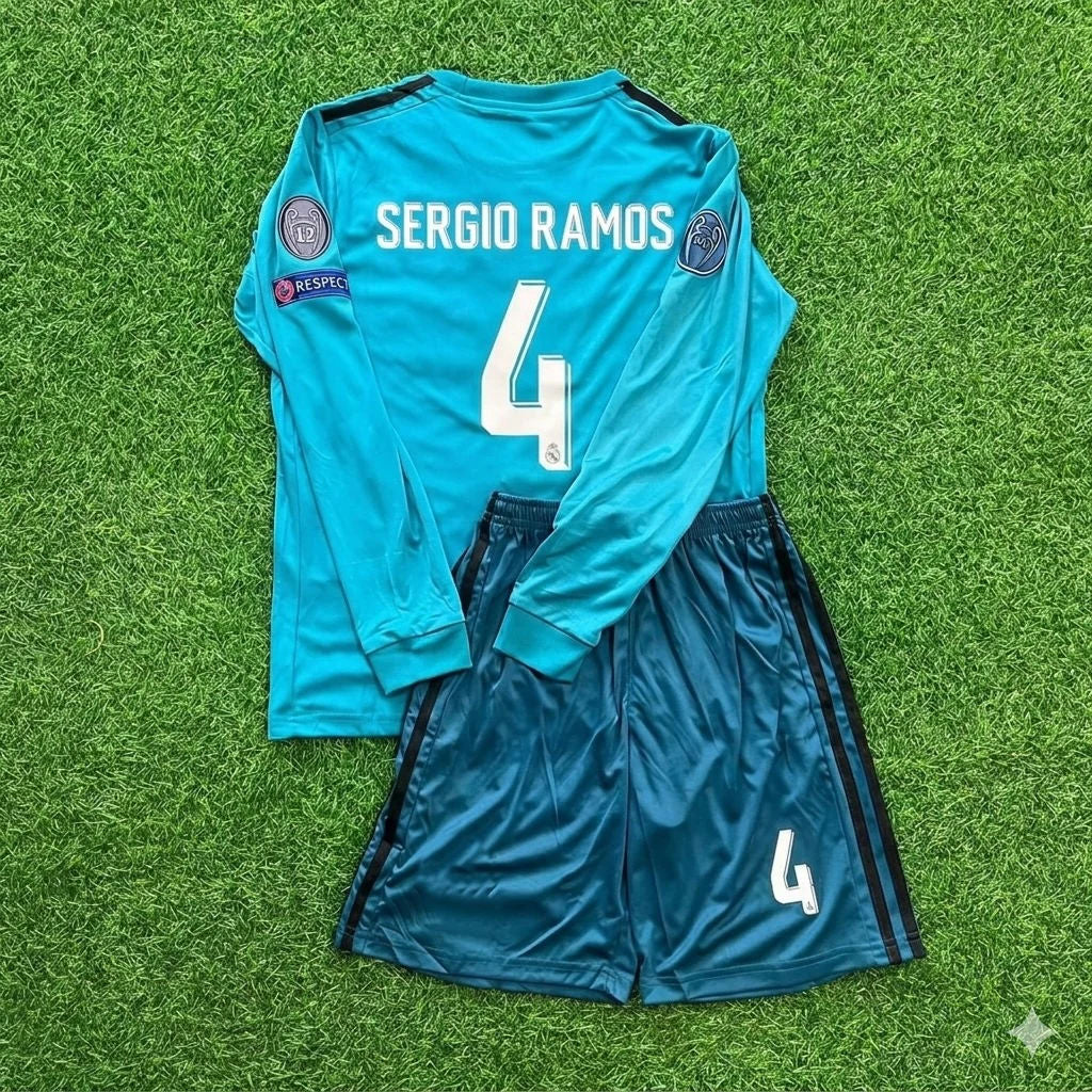 Sergio Ramos 4- Real Madrid 2017 /2018 Long Sleeve Kids Kit Jersey Soccer Shirt KinderTrikot