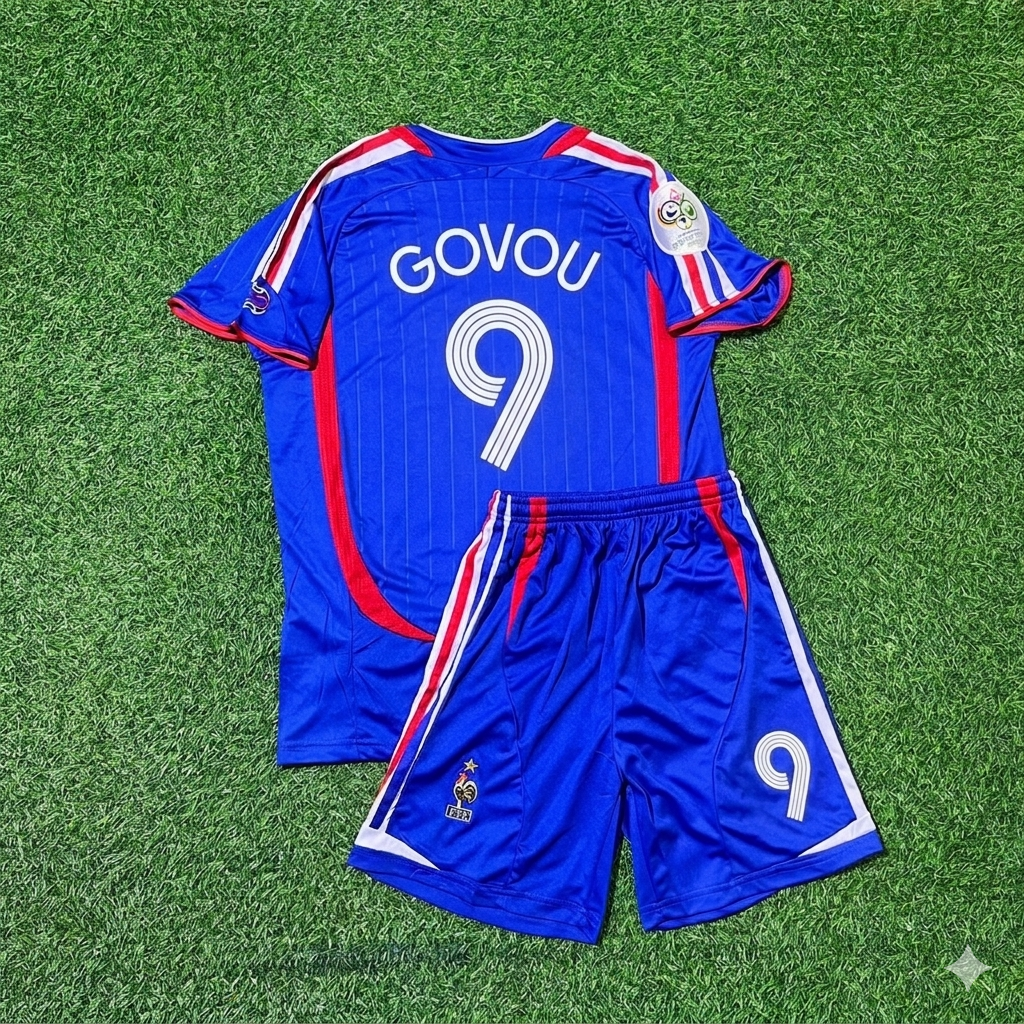 Sidney Govou #9 France 2006 World Cup Kids Blue Retro Football Jersey Kit