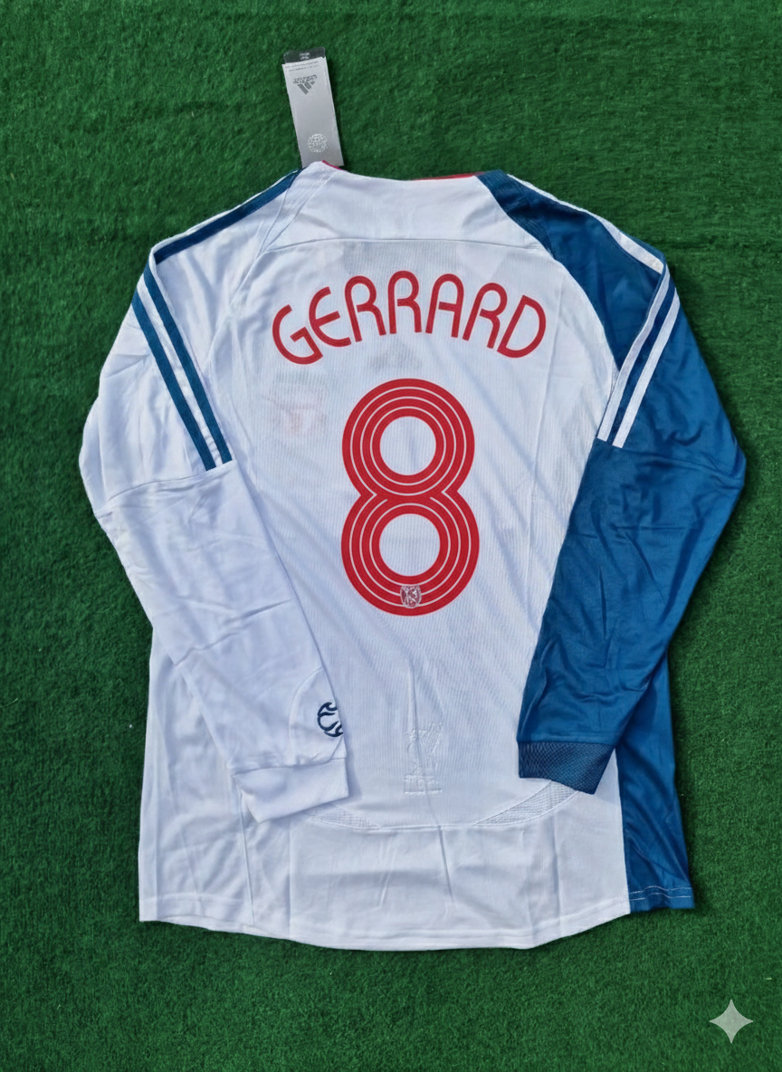 Maillot Rétro Liverpool 2007 Steven Gerrard Blanc et Bleu Manches Longues Trikot Maglia