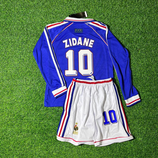 Zinedine Zidane France 1998 World Cup Retro Long Sleeve Kids Football Jersey Kit